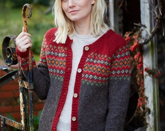 Women's Handknitted Cardigan - 100% Wool - Ethical Clothing - Diamond Cardigan - Burgundy Cardi, Green and Grey Available - Pachamama