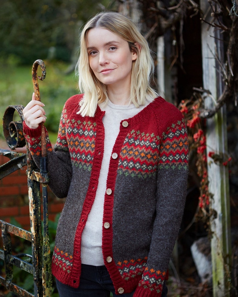 Women's Handknitted Cardigan 100% Wool Ethical Clothing Diamond Cardigan Burgundy Cardi, Green and Grey Available Pachamama image 4