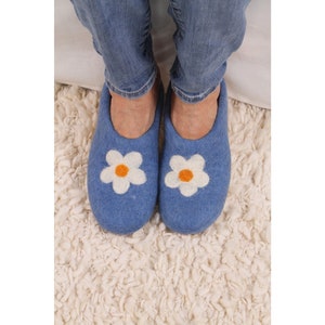 Women's Hand Felted Daisy Slipper, 100% Wool, Bright Flower Design, Felt Cosy Slippers, Suede Sole, Warm Hygge Style, Fair Trade Blue & Bark image 3