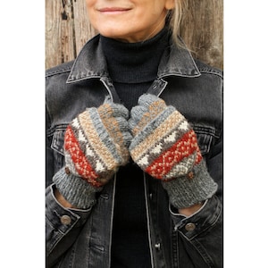 Gants jacquard pour femmes Fait main Gants jacquard Gants tricotés Traditionnel jacquard 100 % laine Mitaines jacquard Pachamama Grey Mix