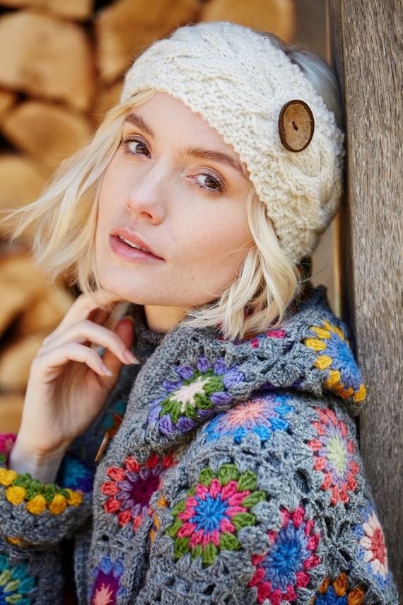 Classic Cable Knit Button Headband: 100% Wool, Pachamama