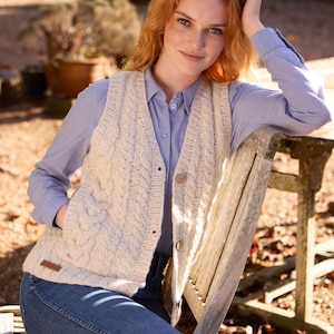 Women&#39;s Cable Knit Waistcoat - Knitted Aran Knit Sleeveless Jumper - Oatmeal Knit Pullover - County Waistcoat - Knitted Vest - Pachamama