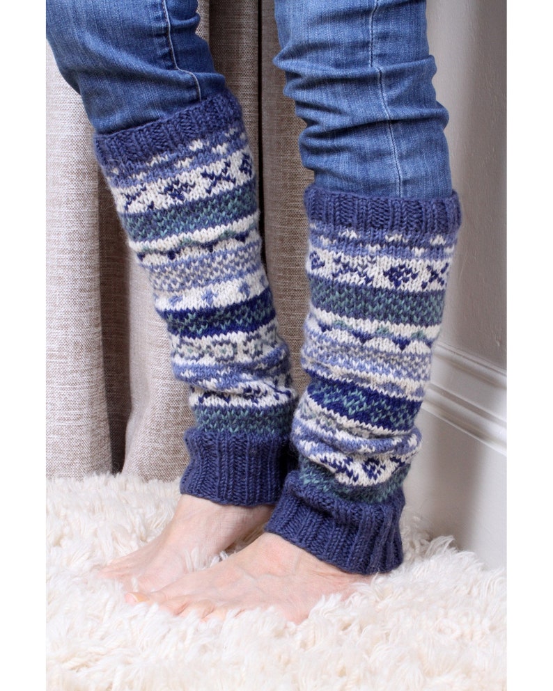 Women's Knitted Wool Legwarmers Fair Isle Legwarmers Knitted Legwarmers 100% Wool Handmade Unlined Pachamama Denim Regular