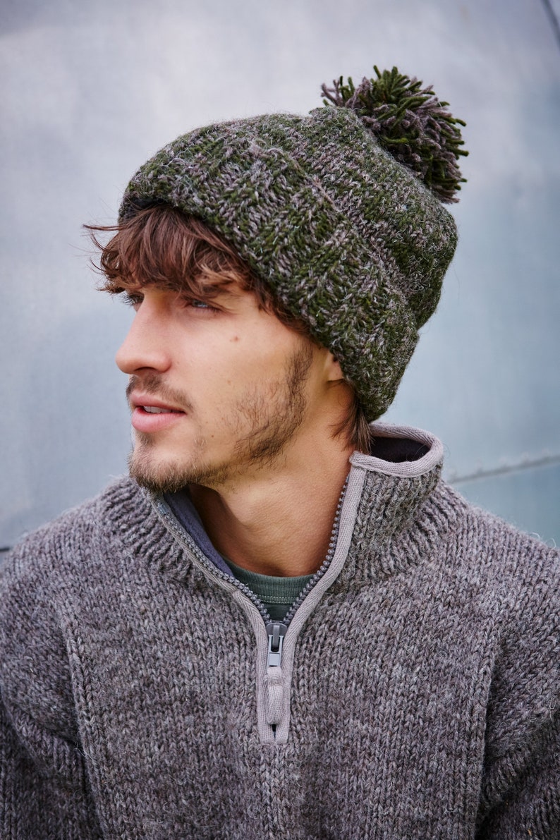 Men's Hand Knitted Bobble Beanie, 100% Wool, Salt & Pepper Design, Warm Winter Hat, Assorted Colours, Fleece Lined, Fair Trade, gift for him Moss