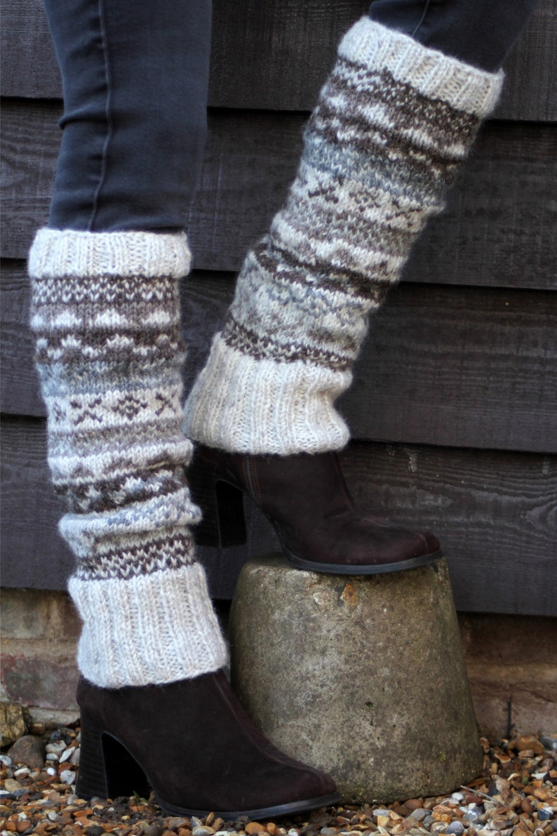 Women's Knitted Wool Legwarmers Fair Isle Legwarmers Knitted Legwarmers 100% Wool Handmade Unlined Pachamama Natural Regular