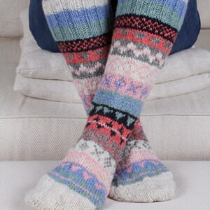 Women's Knitted Long Socks Fair Isle Sofa Socks 100% Wool Fair Trade Cosy Loungewear Socks Handmade in Nepal Pachamama Oatmeal