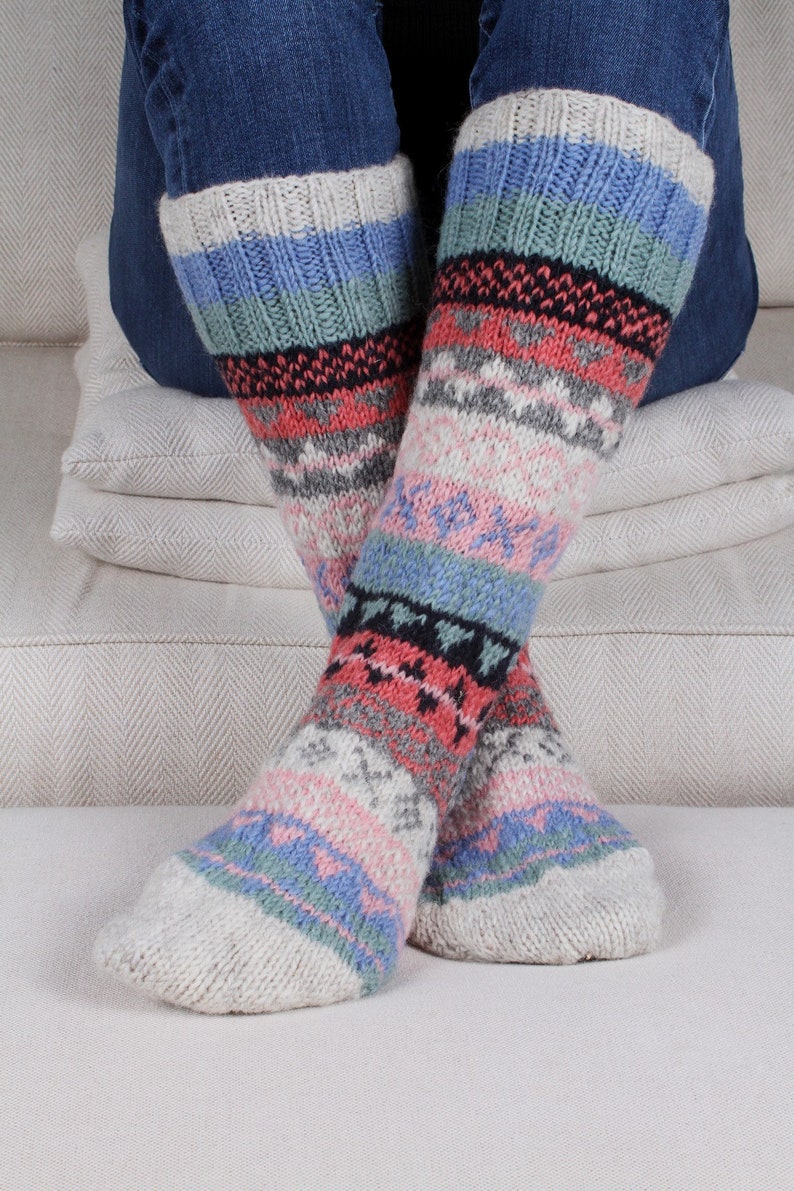 Women's Knitted Long Socks Fair Isle Sofa Socks 100% Wool Fair Trade Cosy Loungewear Socks Handmade in Nepal Pachamama Oatmeal