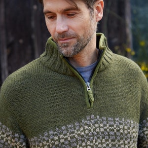 Men's Half Zip Jumper Fair Isle Sweater 100% Wool Fair Trade Green Pullover Sustainable Fashion Fleece Lined Pachamama image 2