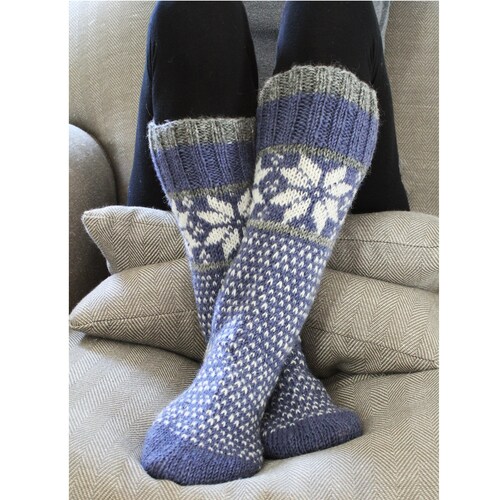 Long Snowflake Socks 100% Wool Handmade 