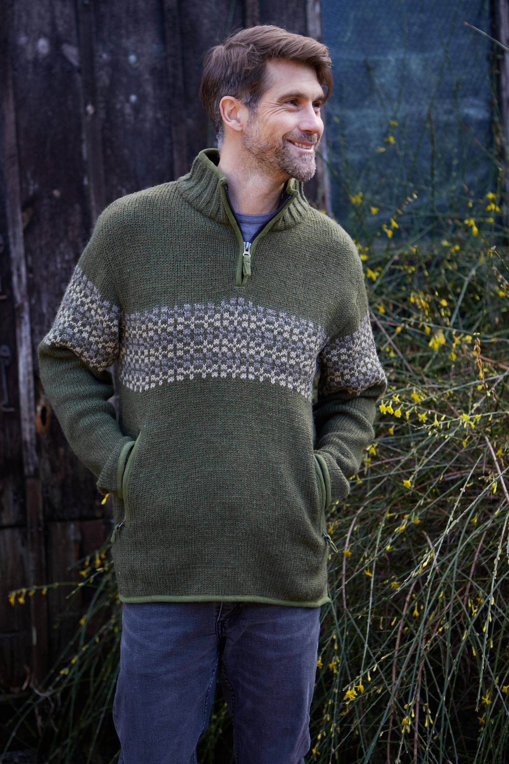 Men's Half Zip Jumper - Fair Isle Sweater - 100% Wool - Fair Trade