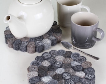 100% Wool Natural Coloured Handfelted Rock Trivet, Rolled Felt ball Hot Pad, Tableware, Fair Trade Table Protector, Table Mat, Platter Mat