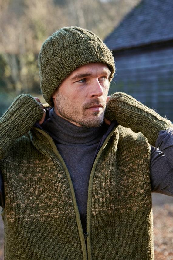 Mens Cable Knit Beanie - Green Knit Hat - Mens Roll Back  display picture 1