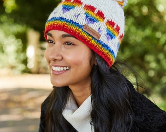 Women's Rainbow Heart Bobble Beanie - Oatmeal Knitted Rainbow Headband - Warm Woolly Gloves - Rainbow Heart Motif - Pachamama