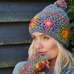 Women's Hand Crocheted Bobble Beanie - Granny Square Crochet - Bright Headband - Granny Square Beanie - Wool Beanie - 100% Wool - Pachamama