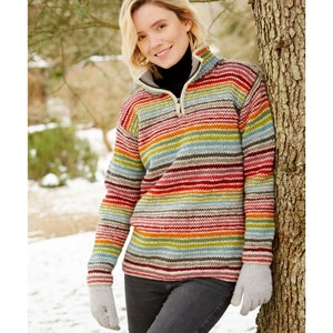 Women's Handmade Striped Half Zip, 100% Wool, Fair Trade, Rainbow Bright Colours, Nepalese, Natural
