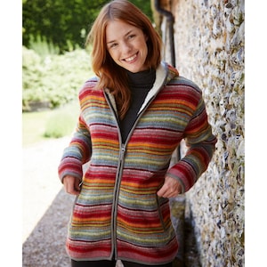 Women's Handmade Sunrise Stripe Zip Hoody, 100% Wool, Super Soft Sherpa Fleece Lined Jacket, Fair Trade Sunset Striped Design, Vibrant Red