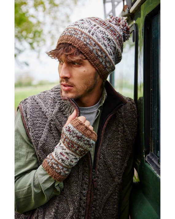 Bonnet d'hiver pour homme Gants sans doigts 100 % laine Tricot