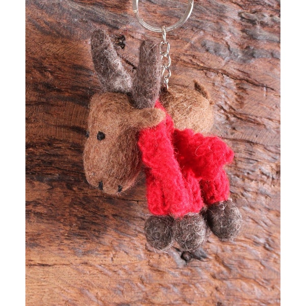 Felt Winter Moose Keyring, Hand Felted Keychain, Cute Jolly Animal Reindeer Handbag Charm, 100% Wool Handmade Unique Quirky Gift, Fair Trade