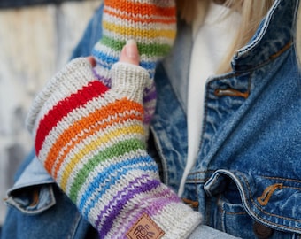 Womens Knitted Rainbow Stripe Oatmeal Handwarmers: 100% Wool, Pachamama