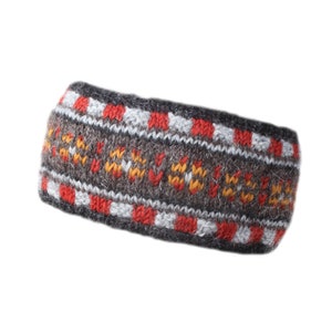 May include: A gray, red, and white knitted headband with a geometric pattern.