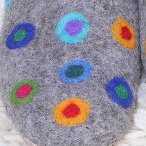 Fair Trade Womens Felt Slippers, Hand Felted Slippers, Multi Coloured Spots. Womens Handmade Wool Slippers with Suede Sole, Warm, Toasty Grey 40-41