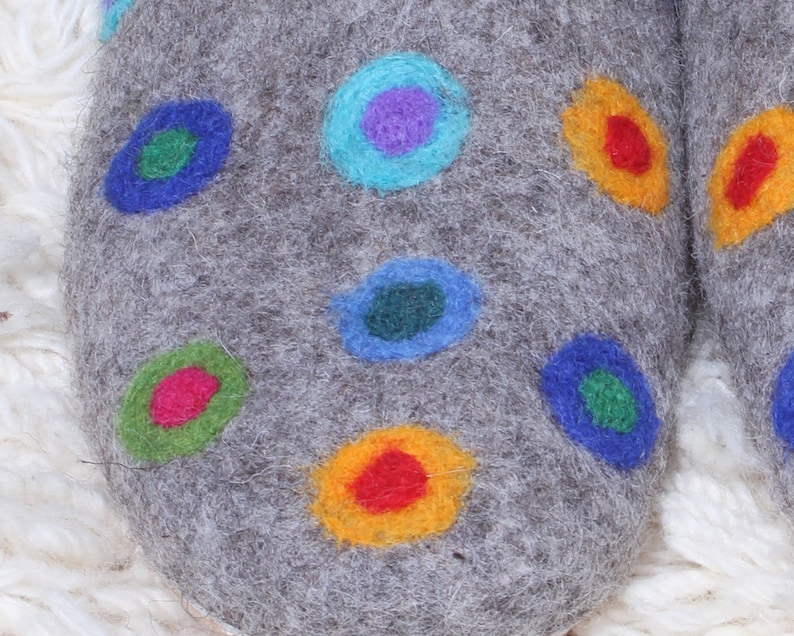 Fair Trade Womens Felt Slippers, Hand Felted Slippers, Multi Coloured Spots. Womens Handmade Wool Slippers with Suede Sole, Warm, Toasty Grey 40-41