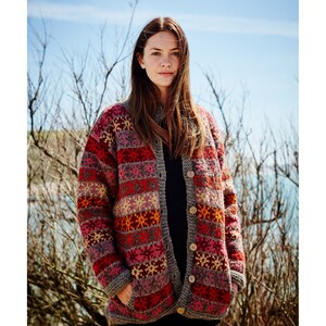 Women's Hand Knitted Star Cardigan 100% Wool Unlined Bright Colourful Chunky Cardi Autumnal Pastel Coconut Shell Buttons Pachamama image 1