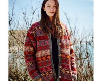 Women's Hand Knitted Star Cardigan - 100% Wool - Unlined Bright Colourful Chunky Cardi - Autumnal Pastel - Coconut Shell Buttons - Pachamama