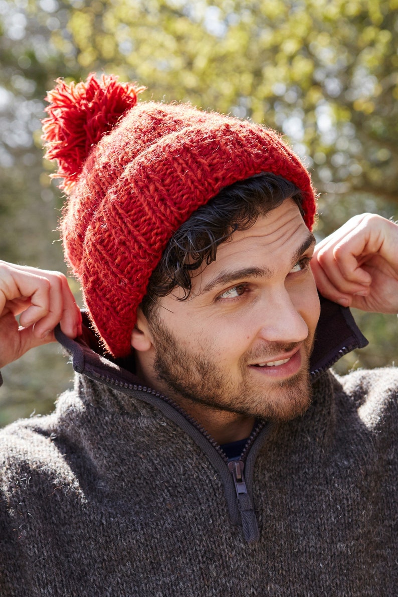 Men's Hand Knitted Bobble Beanie, 100% Wool, Salt & Pepper Design, Warm Winter Hat, Assorted Colours, Fleece Lined, Fair Trade, gift for him Red Mix