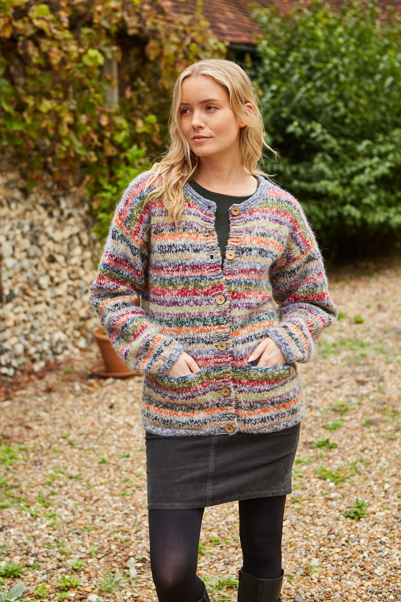 Women's Soft Rainbow Handmade Cardigan Muted Rainbow Cardi Soft Mohair Cardigan Coconut Shell Buttons Pachamama image 6