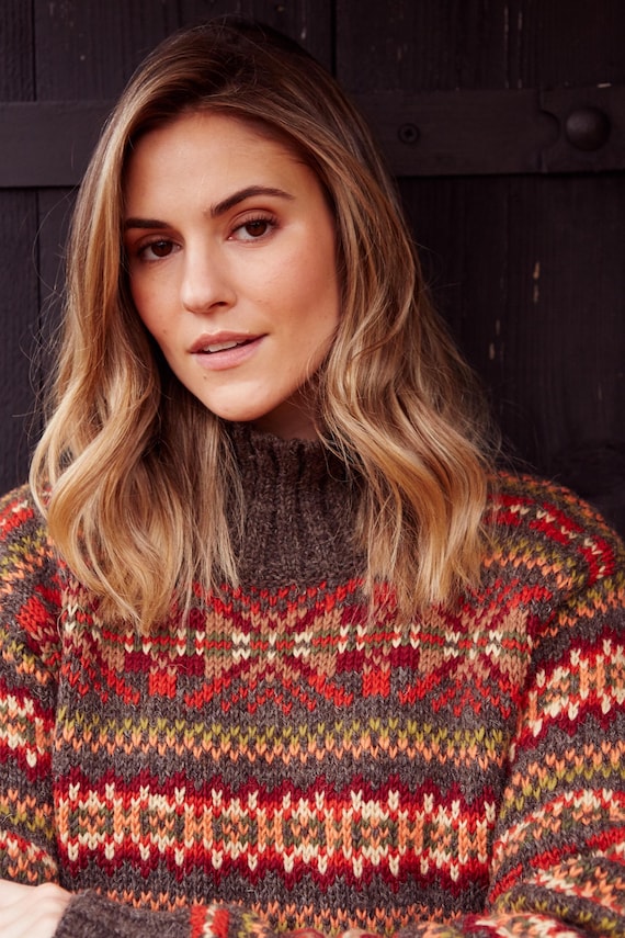 Pull Femme Jacquard Orange Rouge - Pull En Tricot Fait Main 100 % Laine - Tons Chauds De La Terre - Pull En Maille Fine Confortable - Commerce équitable - Pachamama - France