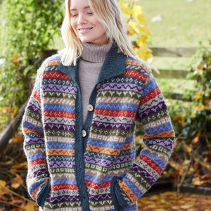 Women's Cardigan Handknitted Fair Isle Cardigan Knitted Collar 100% Wool Fair Isle Natural Green Denim Pachamama image 2