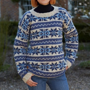 Pode incluir: Um su&eacute;ter azul e branco com um design de floco de neve. O su&eacute;ter tem gola redonda e mangas compridas.