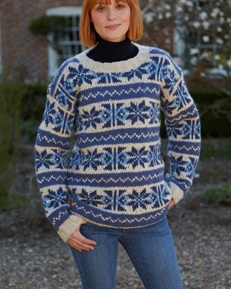 Pode incluir: Um su&eacute;ter azul e branco com um design de floco de neve. O su&eacute;ter tem gola redonda e mangas compridas.