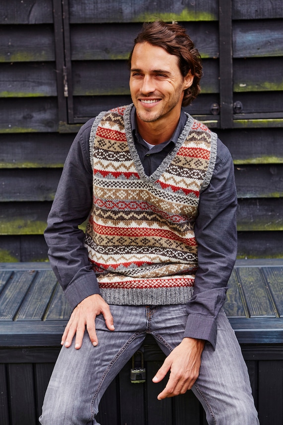 Men's Grey Fair Isle Knitted Tank Top - 100% Wool | Pachamama - Etsy