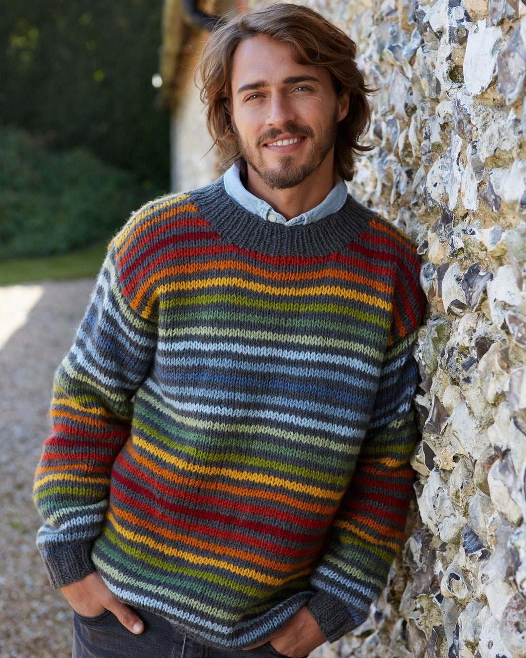 Rainbow Stripe Knitted Jumper, 100% Wool Unlined Grey Rainbow