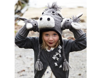 Chapeau d'âne pour enfants, mitaines d'âne, âne fait à la main pour enfants, doublure en polaire, Pachamama équitable, chapeau d'âne fait à la main, chapeau d'animal amusant