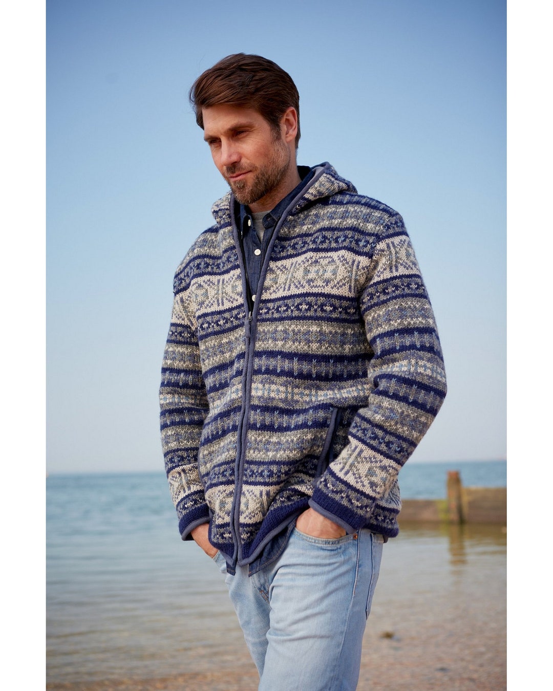 Men's Handmade Zip Hoody, 100% Wool, Fair Isle Fleece Lined Jacket ...