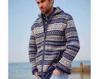 Men&#39;s Handmade Zip Hoody _ Mens Knitted Hoody - Mens Fair Isle Hoody - Fair Isle Jacket - Fleece Lined Hoodie - 100% Wool - Cosy - Pachamama