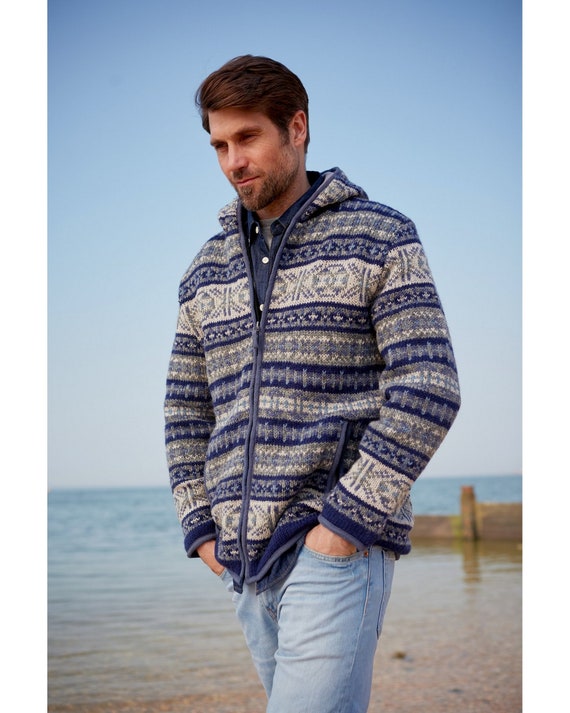 Men\'s Handmade Zip Hoody, 100% Wool, Fair Isle Fleece Lined Jacket, Fair  Trade Nordic Blue or Bark Design, Cosy Traditional Fairisle Pattern - Etsy