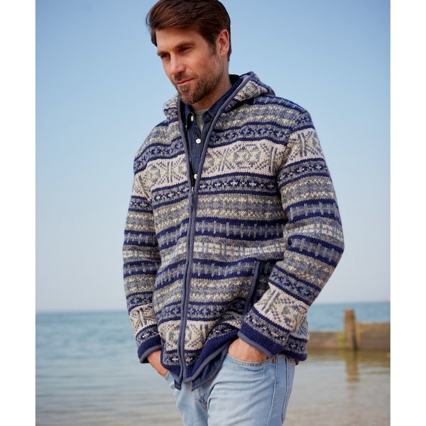 Men's Handmade Zip Hoody, 100% Wool, Fair Isle Fleece Lined Jacket, Fair Trade Nordic Blue or Bark Design, Cosy Traditional FairIsle Pattern