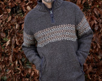 Men's Half Zip Jumper - Fair Isle Sweater - 100% Wool - Fair Trade - Brown Pullover - Sustainable Fashion - Fleece Lined - Pachamama