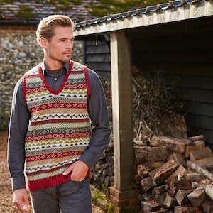 Herren Fair Isle Stricktank Top - 100% Wolle - Ärmelloser Pullover - Frühlingspullover - Rostrot - Fair Trade - Ethische Kleidung - Pachamama