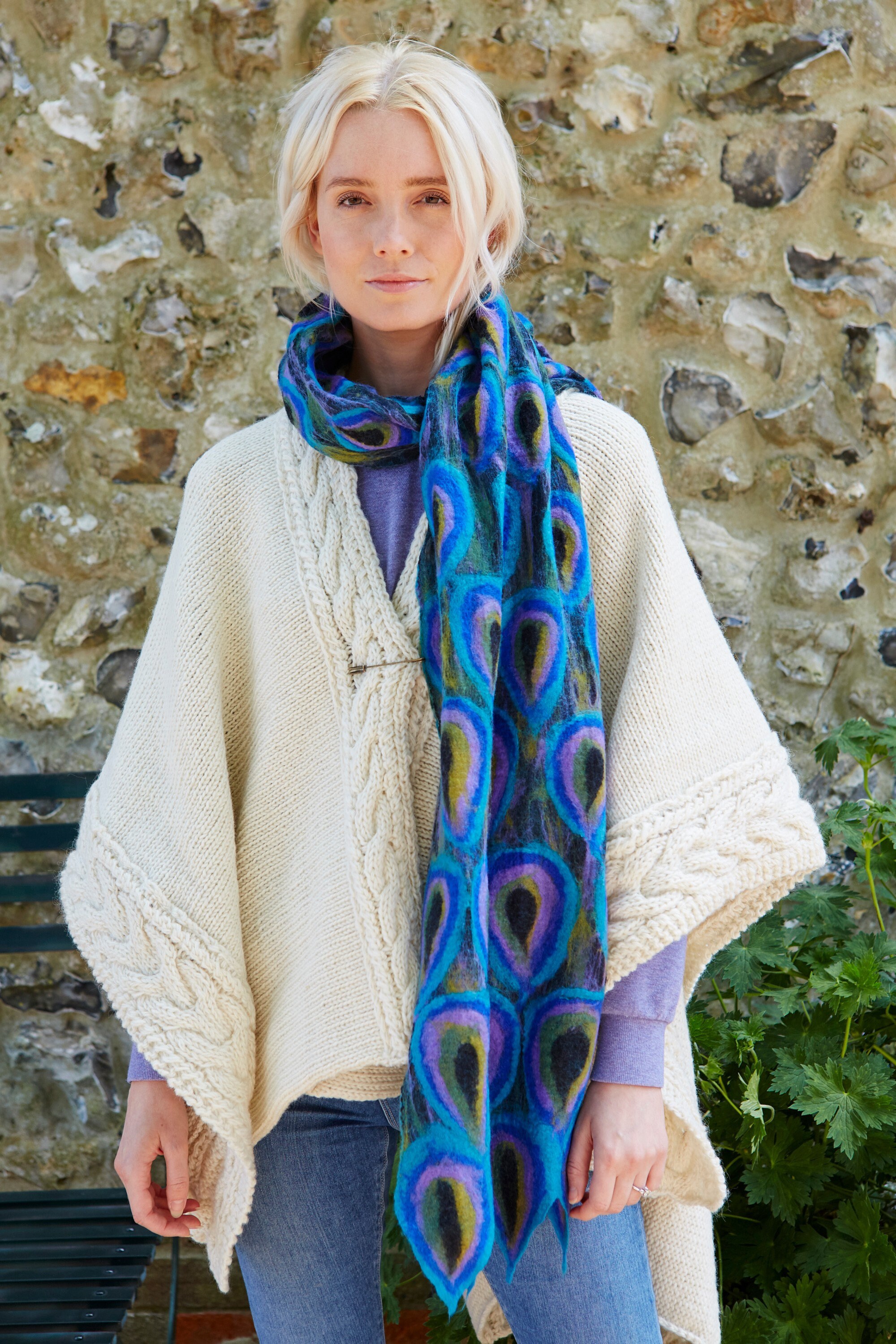 Women's Hand Felted Peacock Design Scarf, Merino Wool & Chiffon