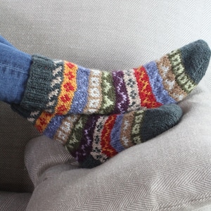 Women&#39;s Fair Isle Sofa Socks - 100% Wool - Fair Trade - Handmade - Cosy Sofa Socks - Knitted Long Socks - Fairisle Socks - Pachamama