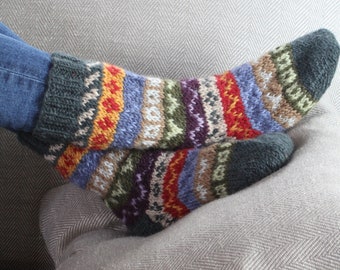 Women's Fair Isle Sofa Socks - 100% Wool - Fair Trade - Handmade - Cosy Sofa Socks - Knitted Long Socks - Fairisle Socks - Pachamama