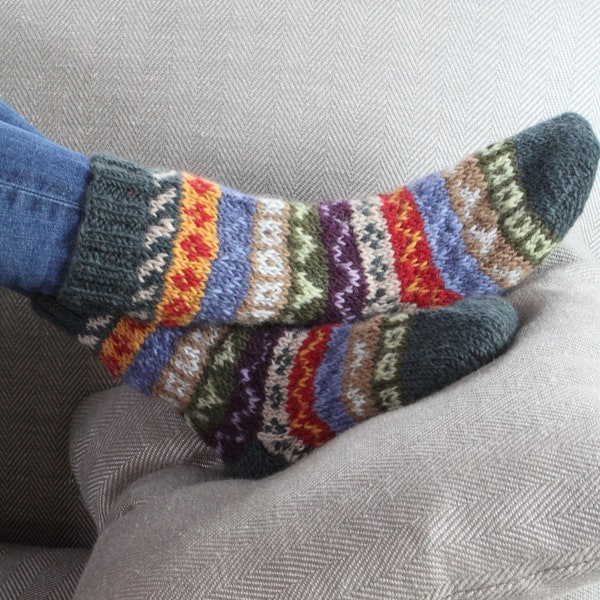 Women's Fair Isle Sofa Socks - 100% Wool - Fair Trade - Handmade - Cosy Sofa Socks - Knitted Long Socks - Fairisle Socks - Pachamama