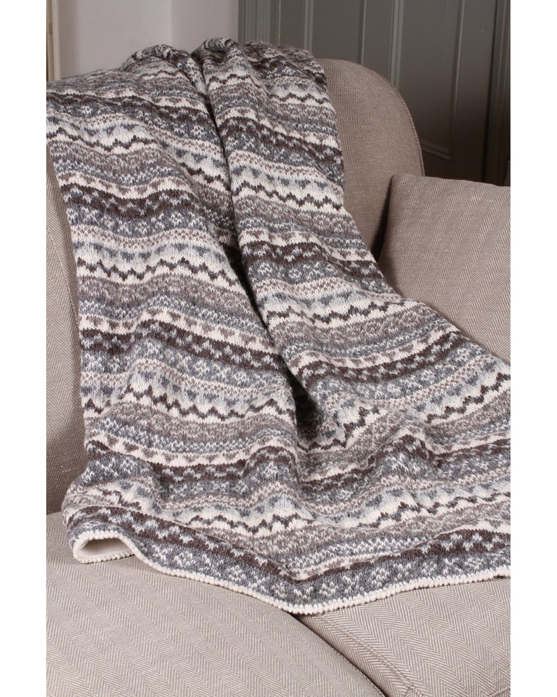 K&ouml;nnte beinhalten: Eine gestrickte Decke mit geometrischem Muster in Grau-, Braun- und Cremet&ouml;nen. Die Decke ist &uuml;ber einem neutralfarbenen Sessel drapiert und zeigt ihr strukturiertes Design. Die R&auml;nder der Decke sind mit einem wei&szlig;en Rand versehen.
