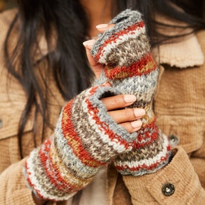 Women&#39;s Fair Isle Handwarmers - Hand Knitted Gloves - Cosy Fingerless Gloves - Fairisle Design - Warm Wool Wristwarmers - Pachamama