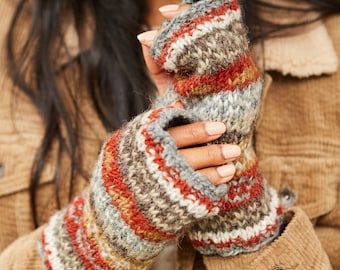 Women's Fair Isle Handwarmers - Hand Knitted Gloves - Cosy Fingerless Gloves - Fairisle Design - Warm Wool Wristwarmers - Pachamama